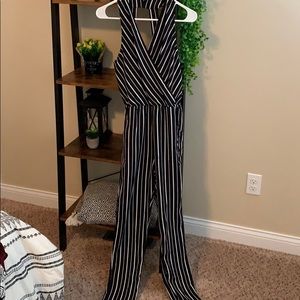 Black and white striped halter jumpsuit